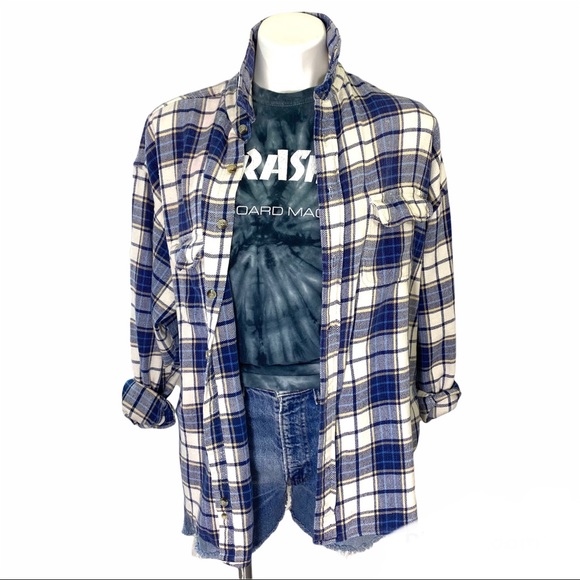 Vintage Tops - VTG Plaid Dad Flannel Shirt Blue Oversized L